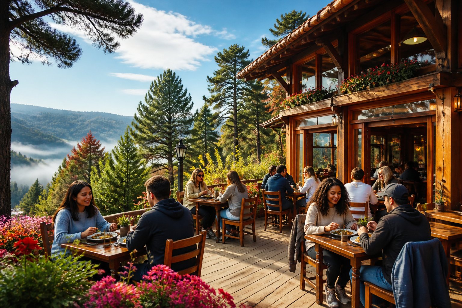 Terraço de restaurante ao ar livre em Campos do Jordão com pessoas comendo, cercado por árvores e flores, com colinas ao fundo.