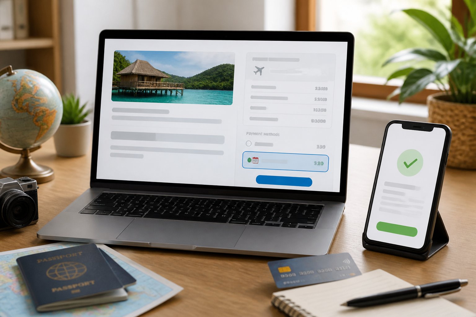 Mesa de trabalho com laptop mostrando opções de pagamento de reserva, cartão de crédito, smartphone e itens de viagem ao redor.