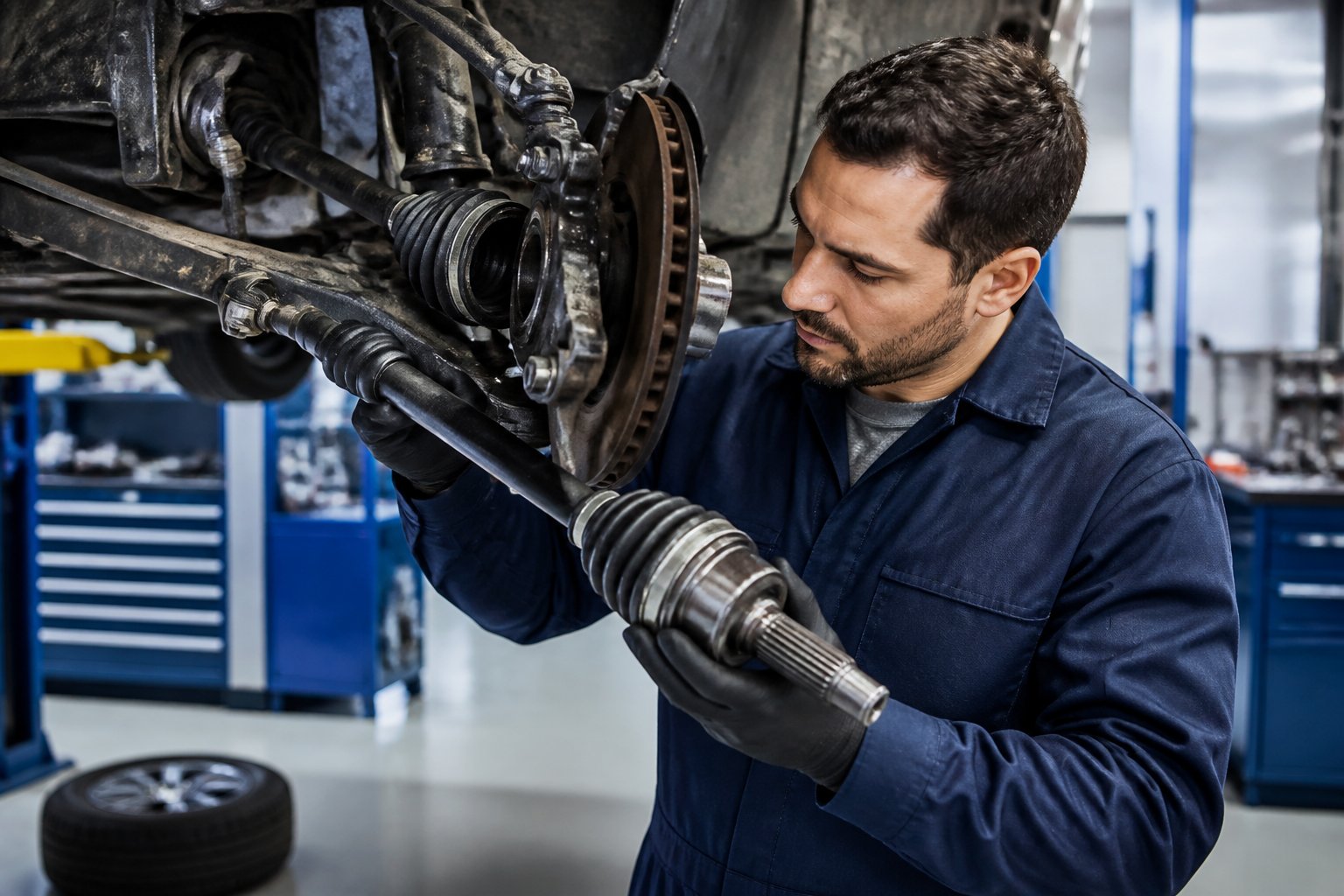 Mecânico reparando a homocinética de um carro em uma oficina automotiva organizada.