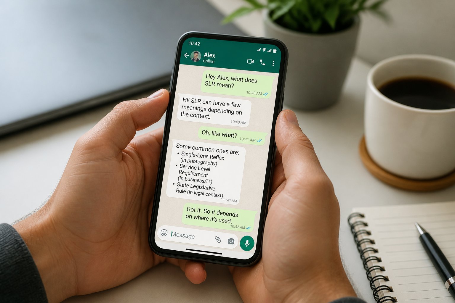 Pessoa segurando um smartphone com a tela do WhatsApp aberta mostrando uma conversa sobre o significado de SLR, em uma mesa com itens de escritório ao redor.