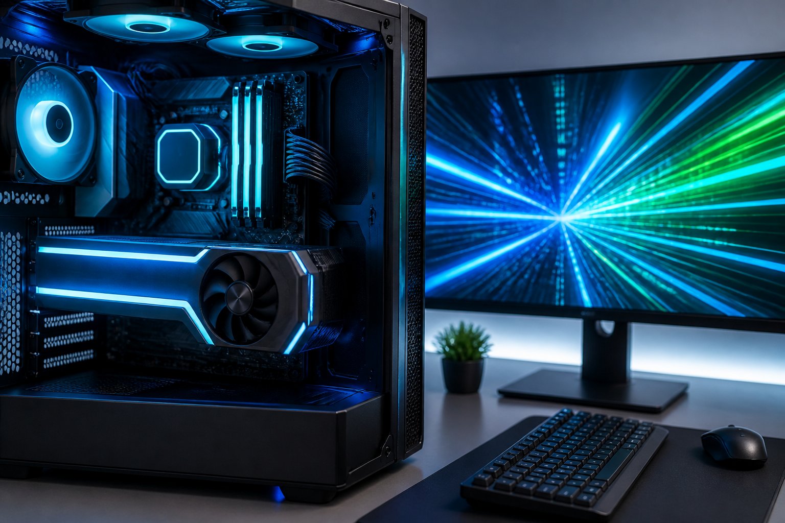 Computador moderno com placa de vídeo iluminada e monitor exibindo gráficos digitais abstratos representando aceleração de hardware.
