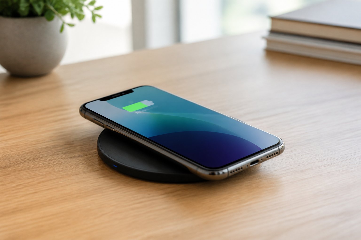 Um smartphone moderno carregando sem fio sobre uma base de carregamento em uma mesa limpa.