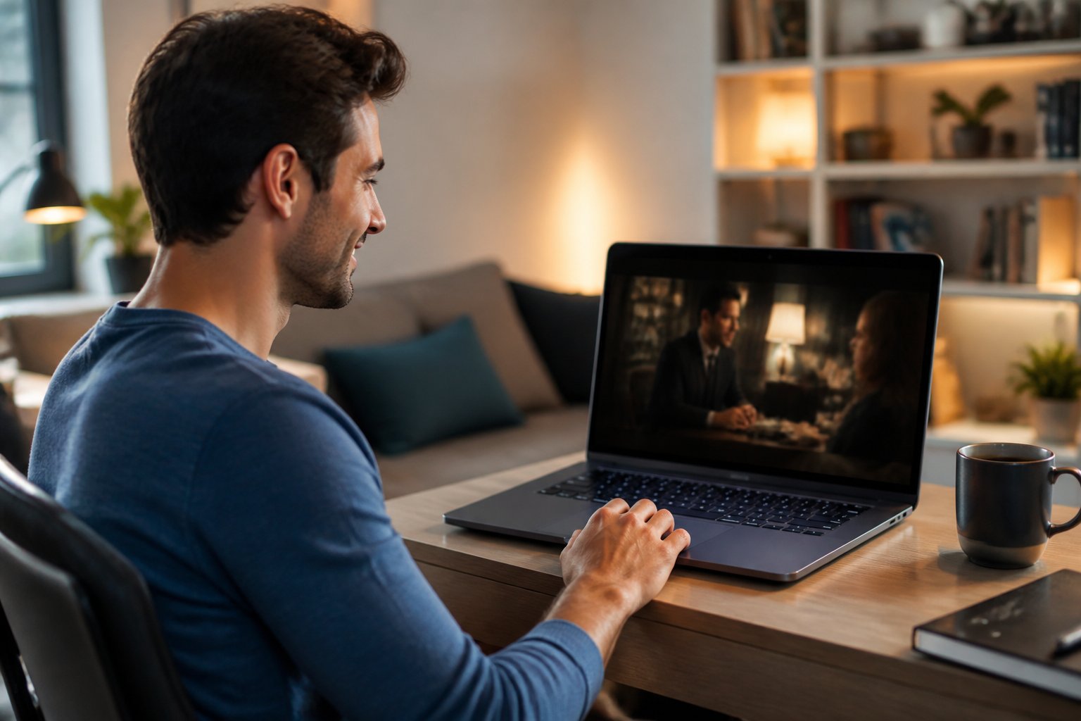 Pessoa jovem assistindo filmes online no laptop em uma mesa moderna, em um ambiente aconchegante.