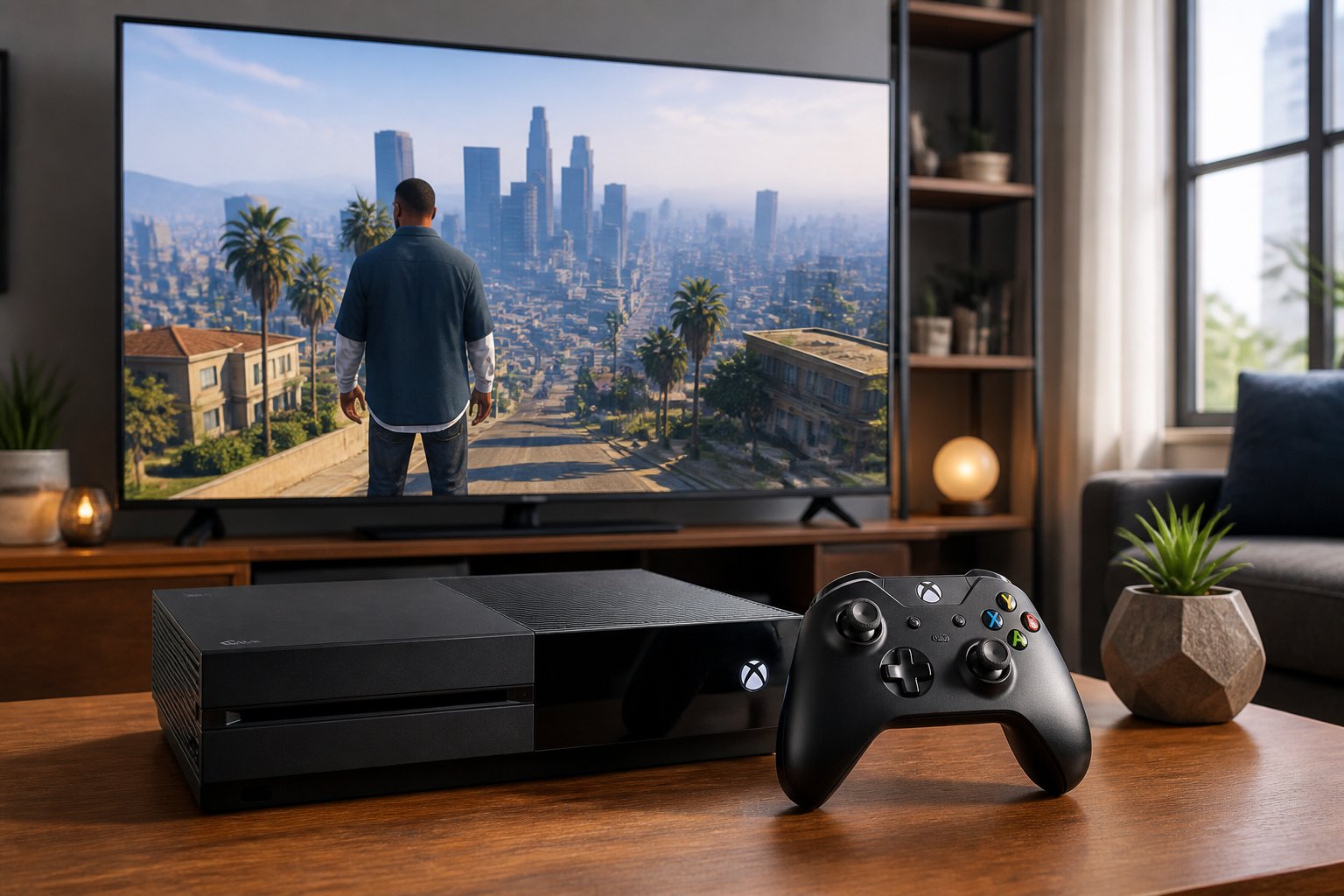 Sala de estar moderna com um console Xbox One e controle sobre uma mesa, televisão mostrando o jogo GTA 5 com uma paisagem urbana.