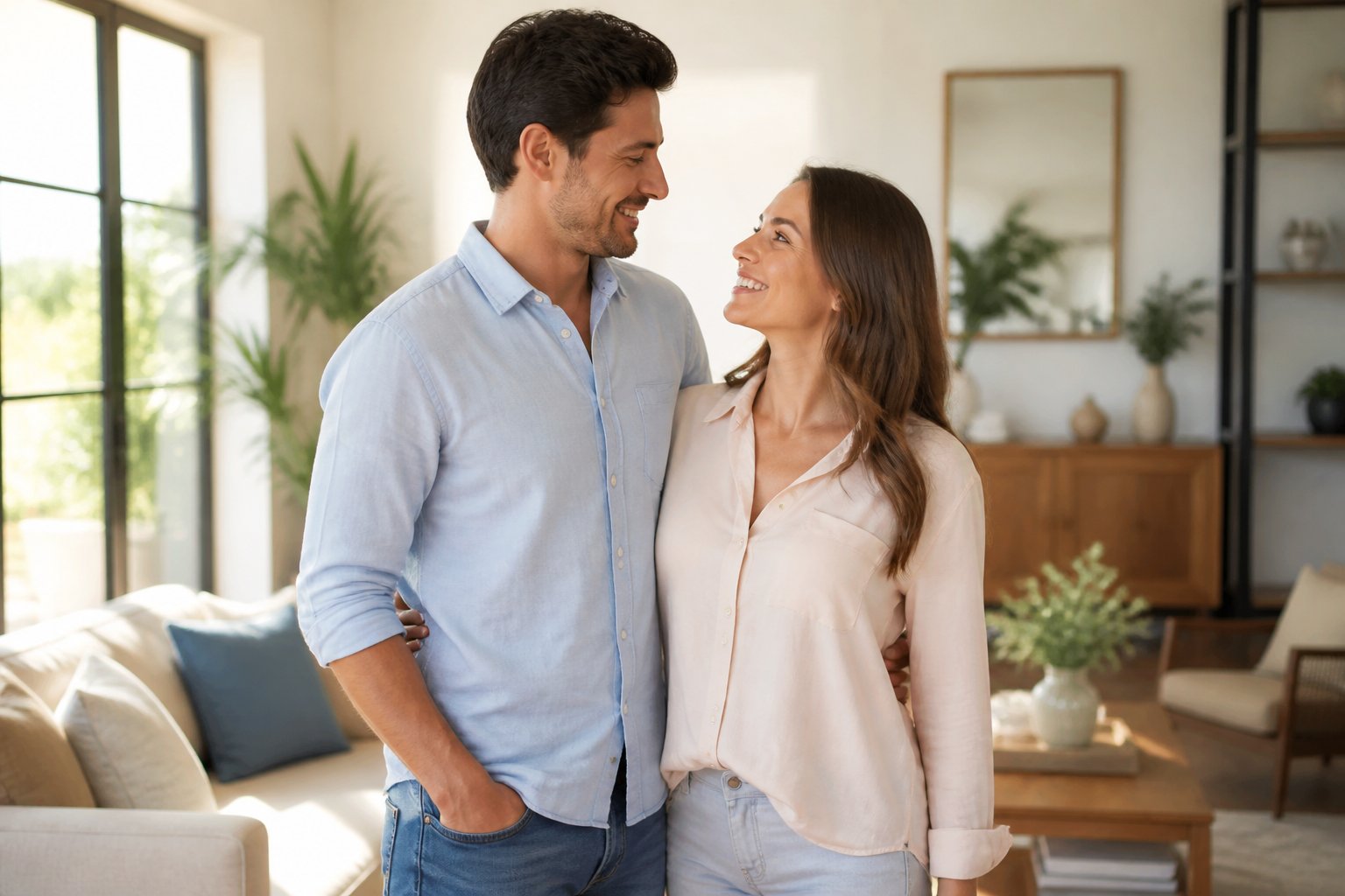 Casal feliz sorrindo e olhando um para o outro em uma sala de estar iluminada e aconchegante.