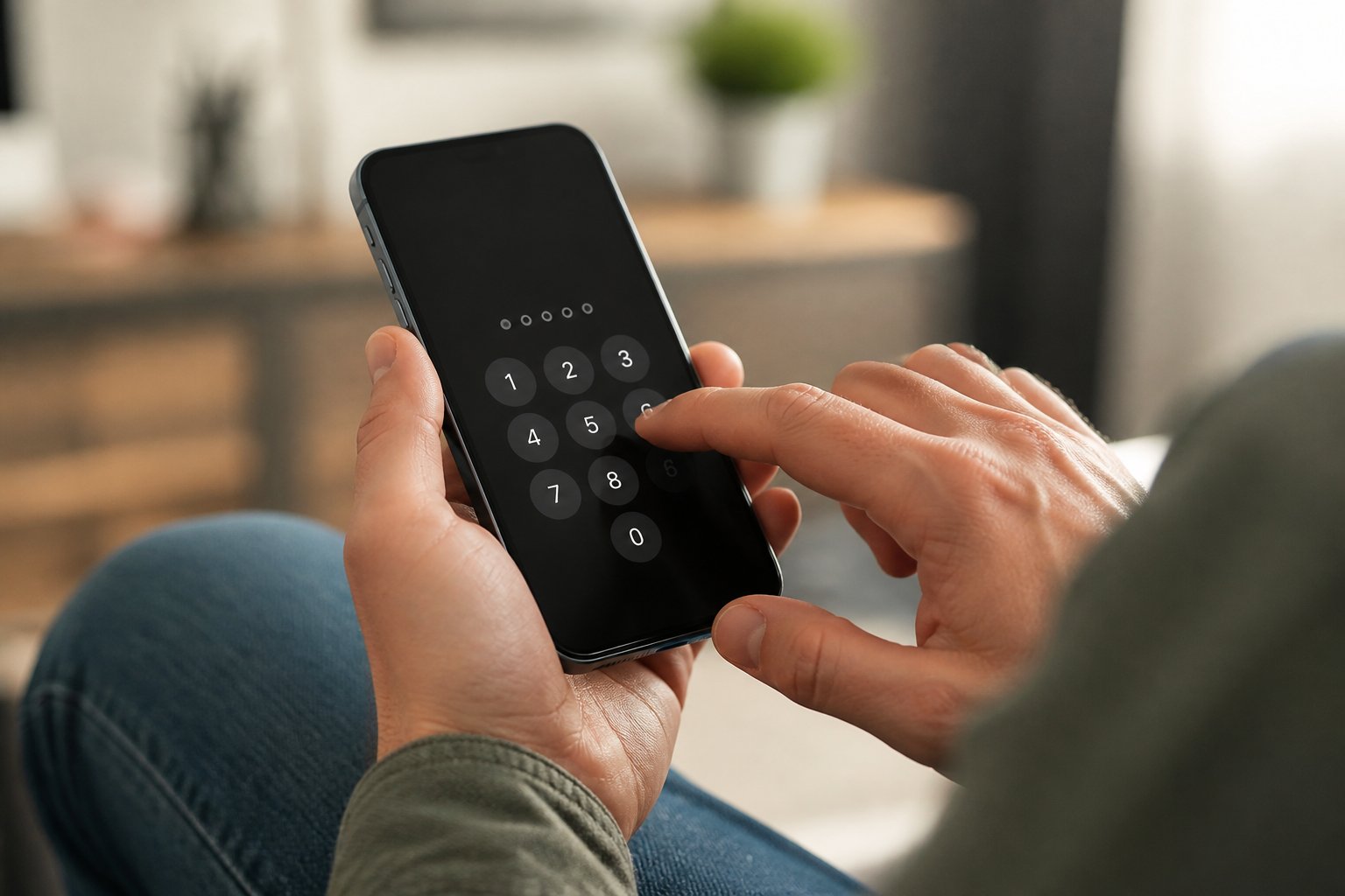 Pessoa segurando um smartphone e digitando um código PIN na tela.
