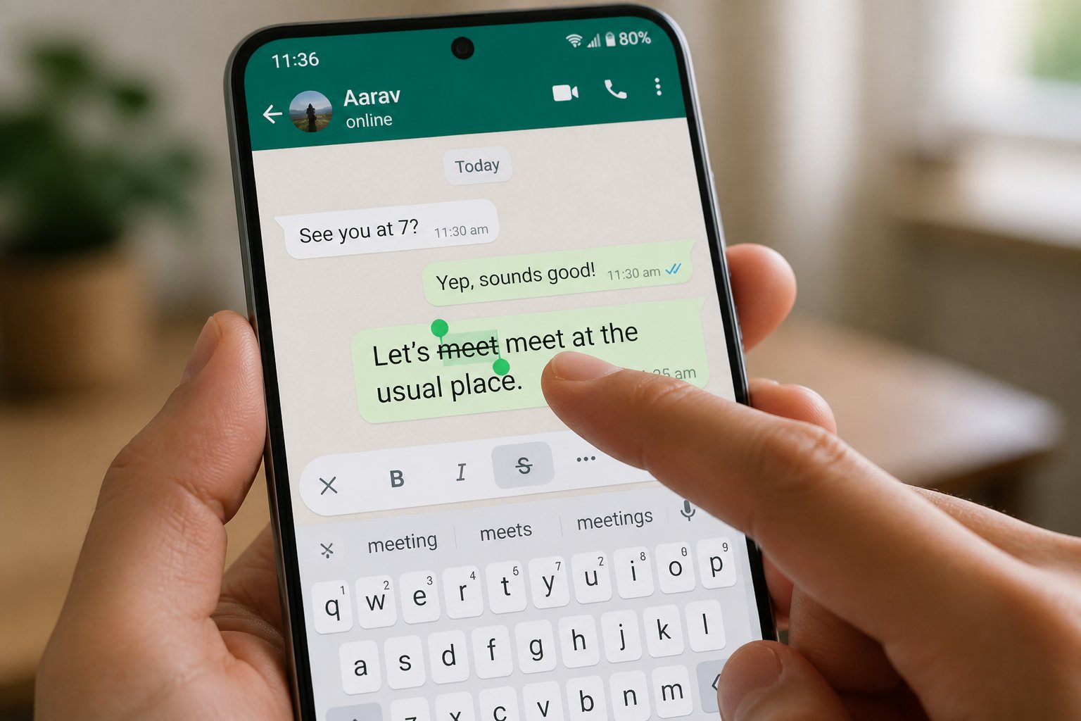 Pessoa segurando um smartphone mostrando uma conversa no WhatsApp com uma palavra sendo riscada na tela.