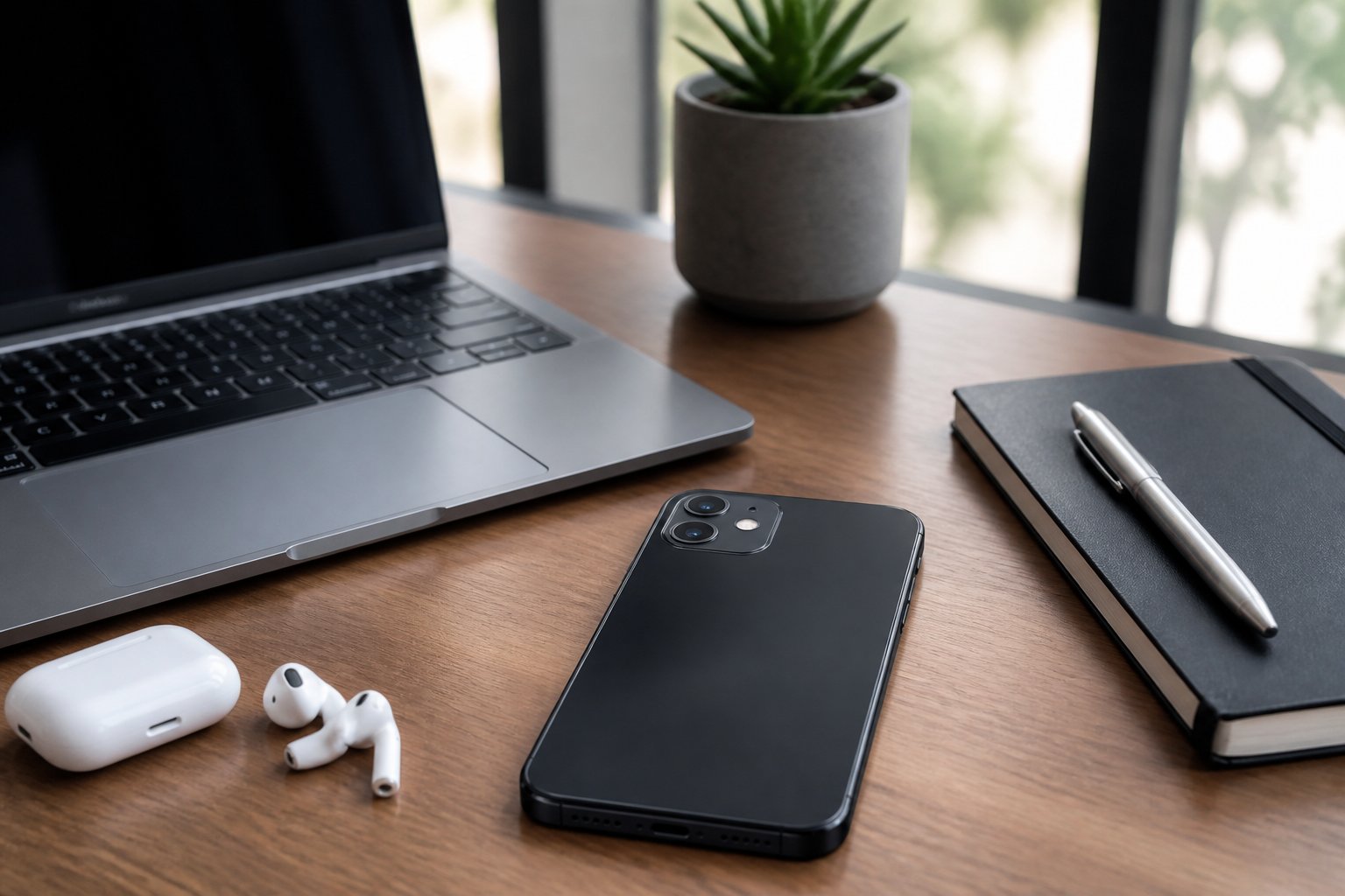 Uma mesa de trabalho com um iPhone 13, fones de ouvido sem fio, notebook e laptop em ambiente iluminado pela luz natural.