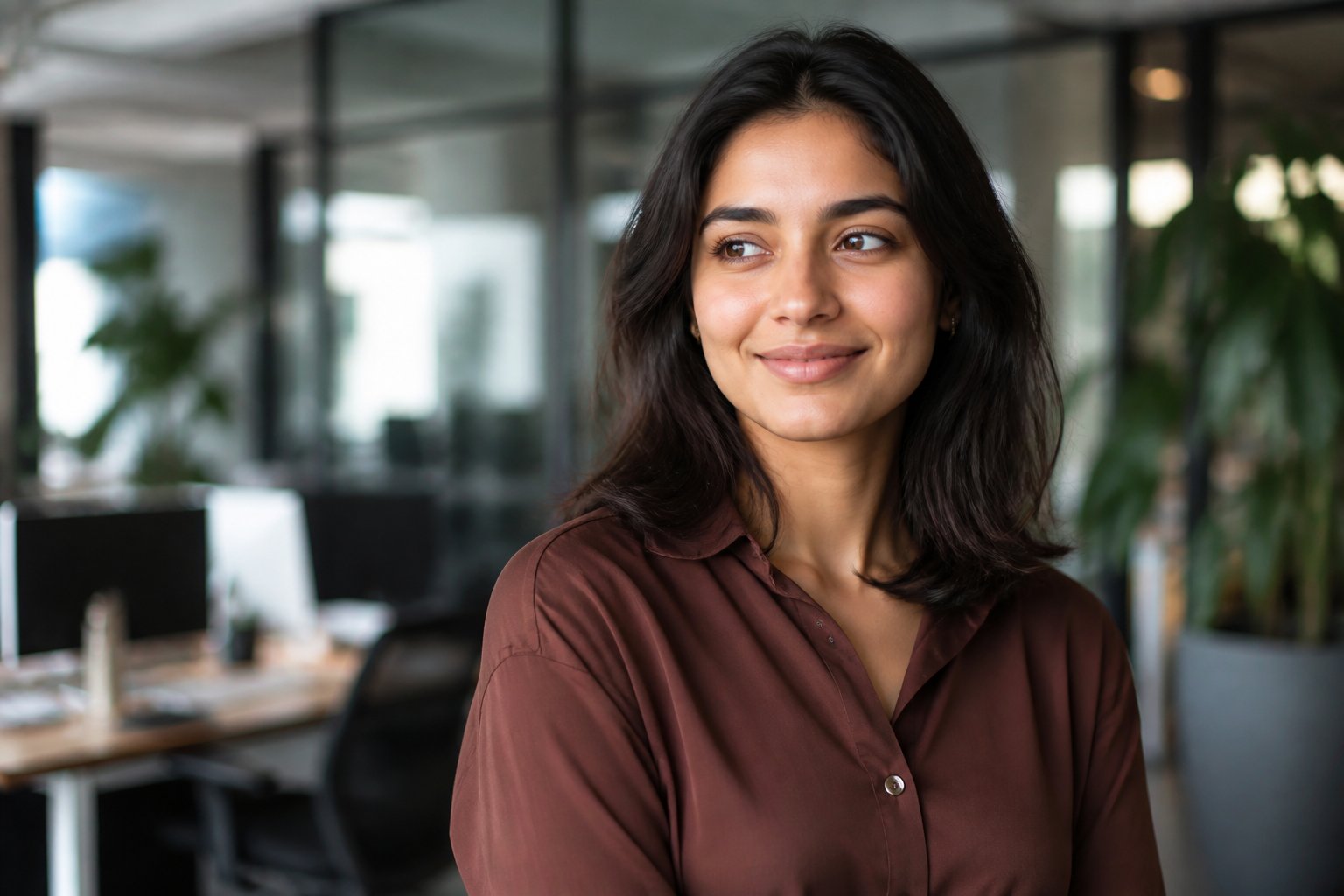 Mulher jovem e confiante em um ambiente de escritório moderno, sorrindo suavemente e vestindo roupas casuais de negócios.