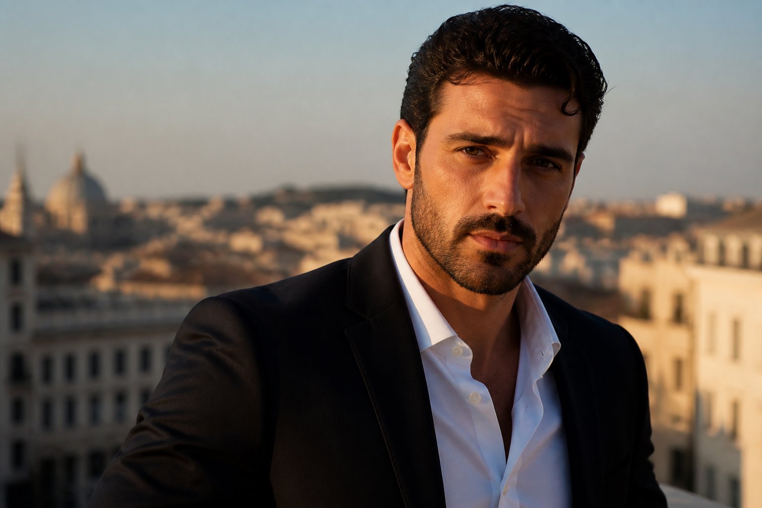 Homem atraente em ambiente urbano elegante, com cabelo curto e barba bem cuidada, vestindo blazer escuro e camisa branca, olhando confiante para a câmera.