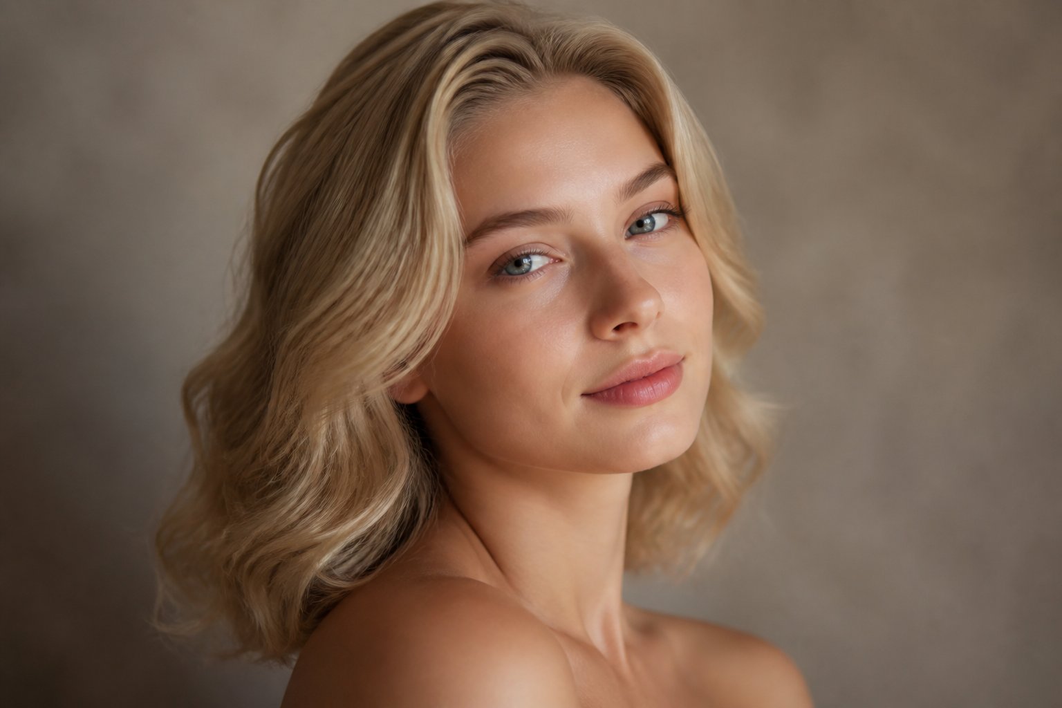 Retrato de uma mulher jovem com cabelo loiro ondulado e expressão serena, em um fundo neutro.