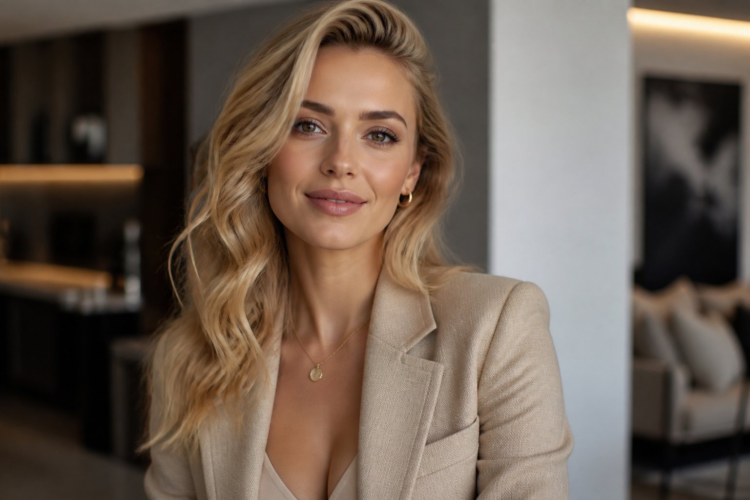Mulher jovem e elegante posando com expressão confiante em ambiente interno moderno e bem iluminado.